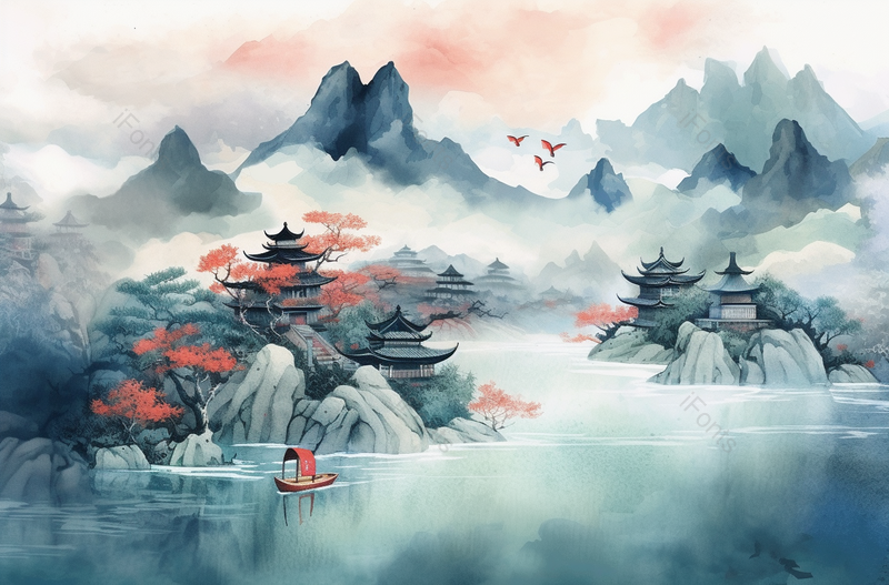 红色船只国画新中式古典水墨山水画背景,插画/手绘图,插画/手绘图库,插画/手绘图下载,插画/手绘